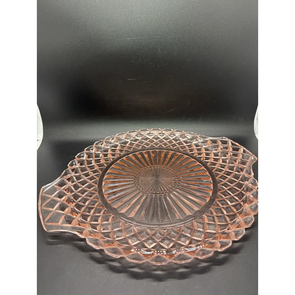 Vtg Anchor Hocking Waterford‎ Pink Glass Round Platter Cake Plate Handled 10